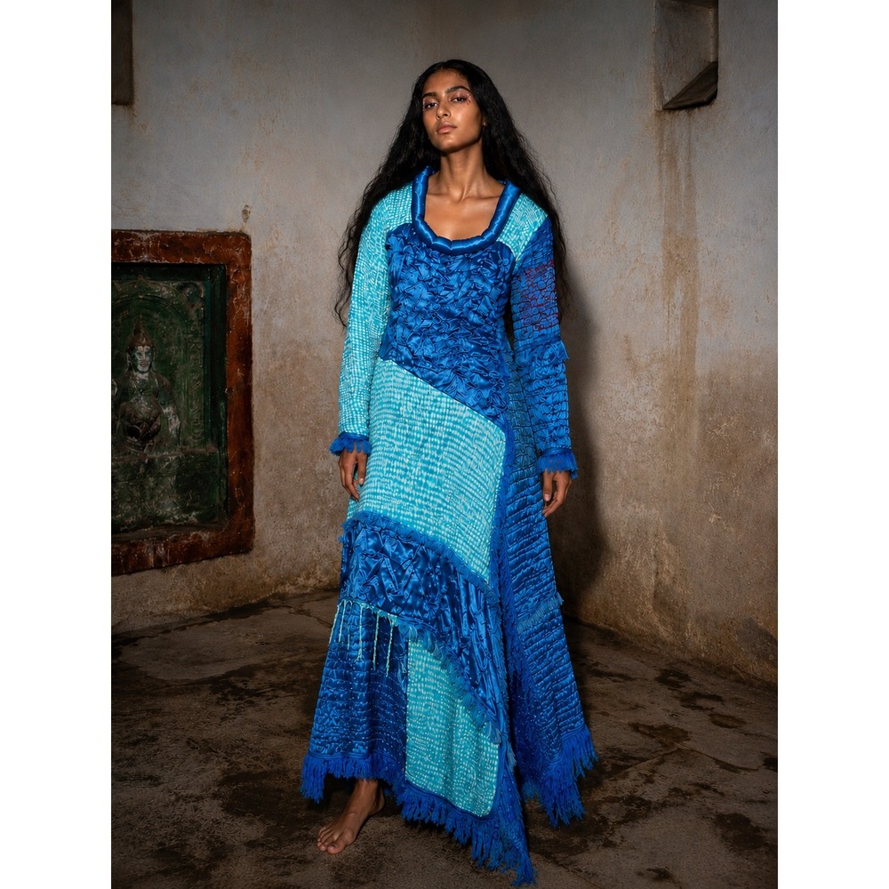Tigra Tigra Gathered Silk Irregular Cutwork Patchwork Maxi Dress Artwear Blue